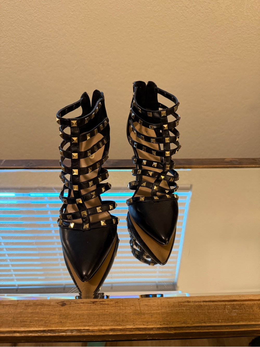 Black Studded Cage Strappy Pointed-Toe Heels